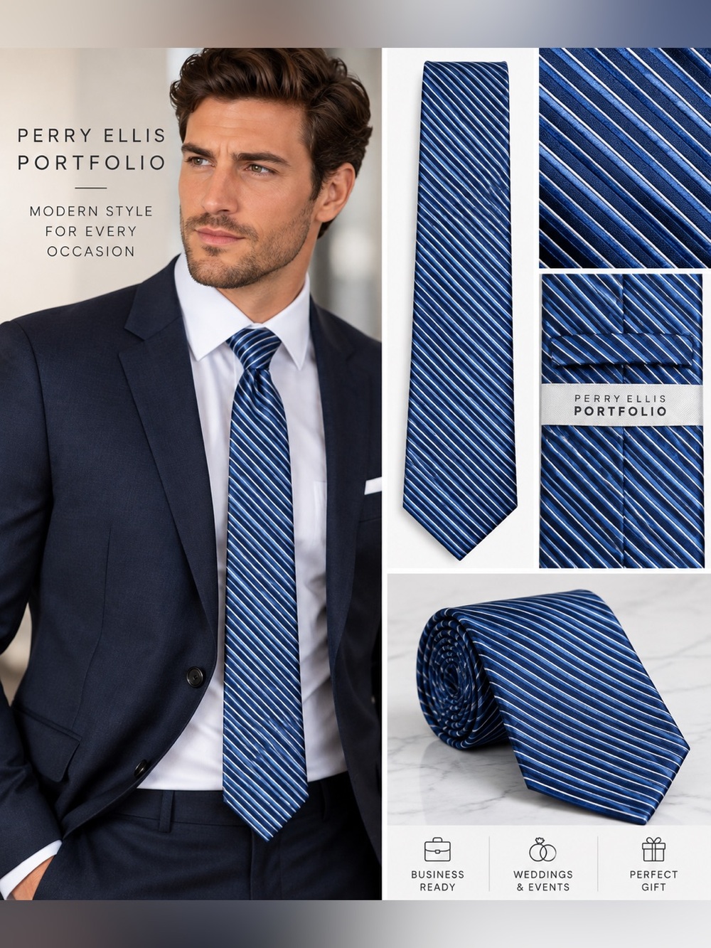 Perry Ellis Portfolio Men’s Blue Striped Tie NWT Business Wedding Formal